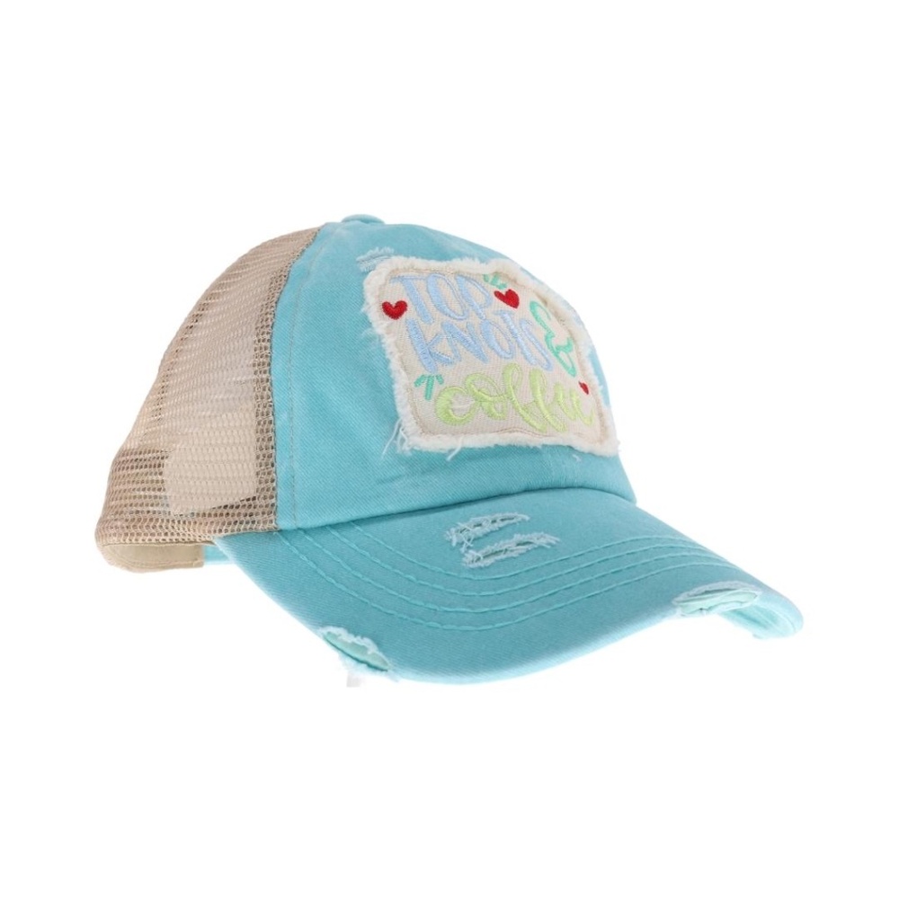 Embroidered Top Knots and Coffee Patch High Pony Criss Cross Ball Cap - NWT